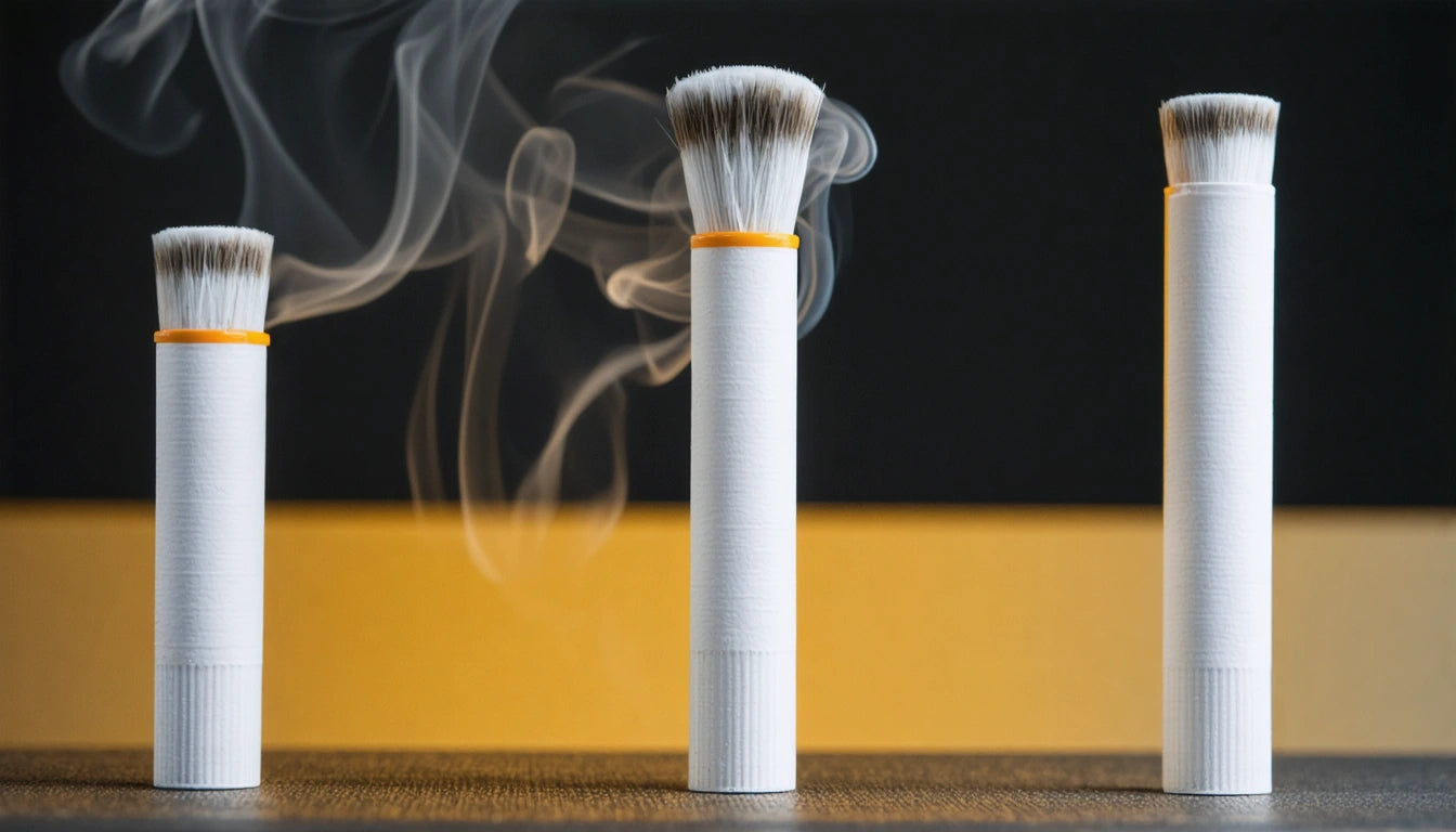 Three white cylindrical objects with bristles on top, smoke rising between them, placed on a dark surface