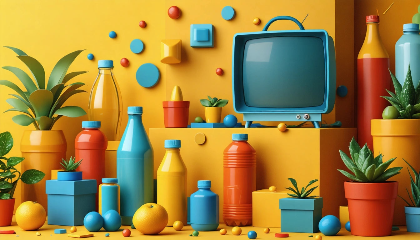Colorful bottles, plants, and geometric shapes on yellow background; vintage TV in blue, orange, and red hues