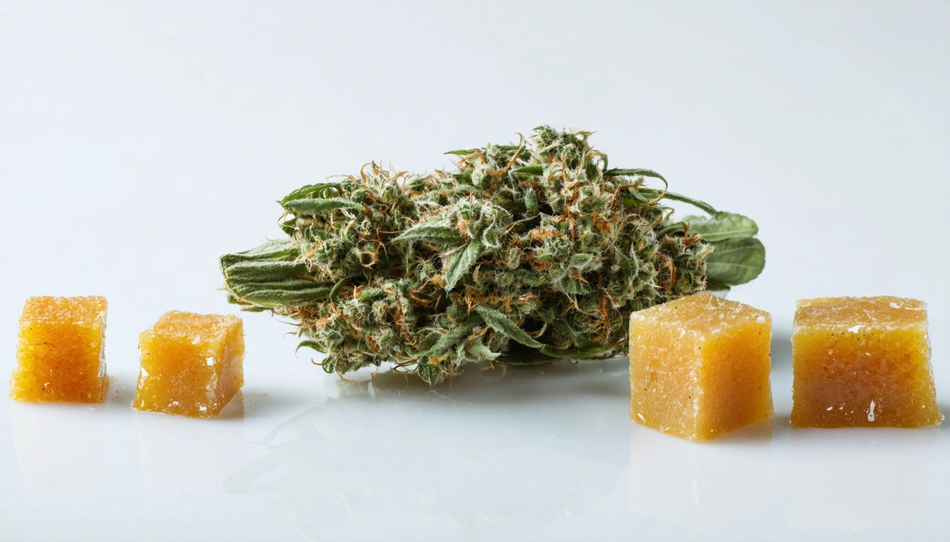 Green, leafy bud with orange hairs centered, flanked by two yellow, translucent cubes on each side against a white background