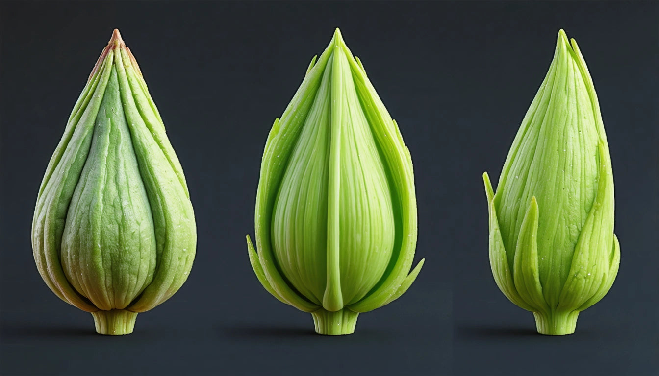Three green, pointed buds with layered petals against a dark background