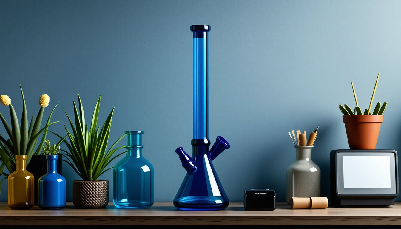 Blue glass bong on wooden shelf, surrounded by potted plants, small bottles, a black box, and a framed screen