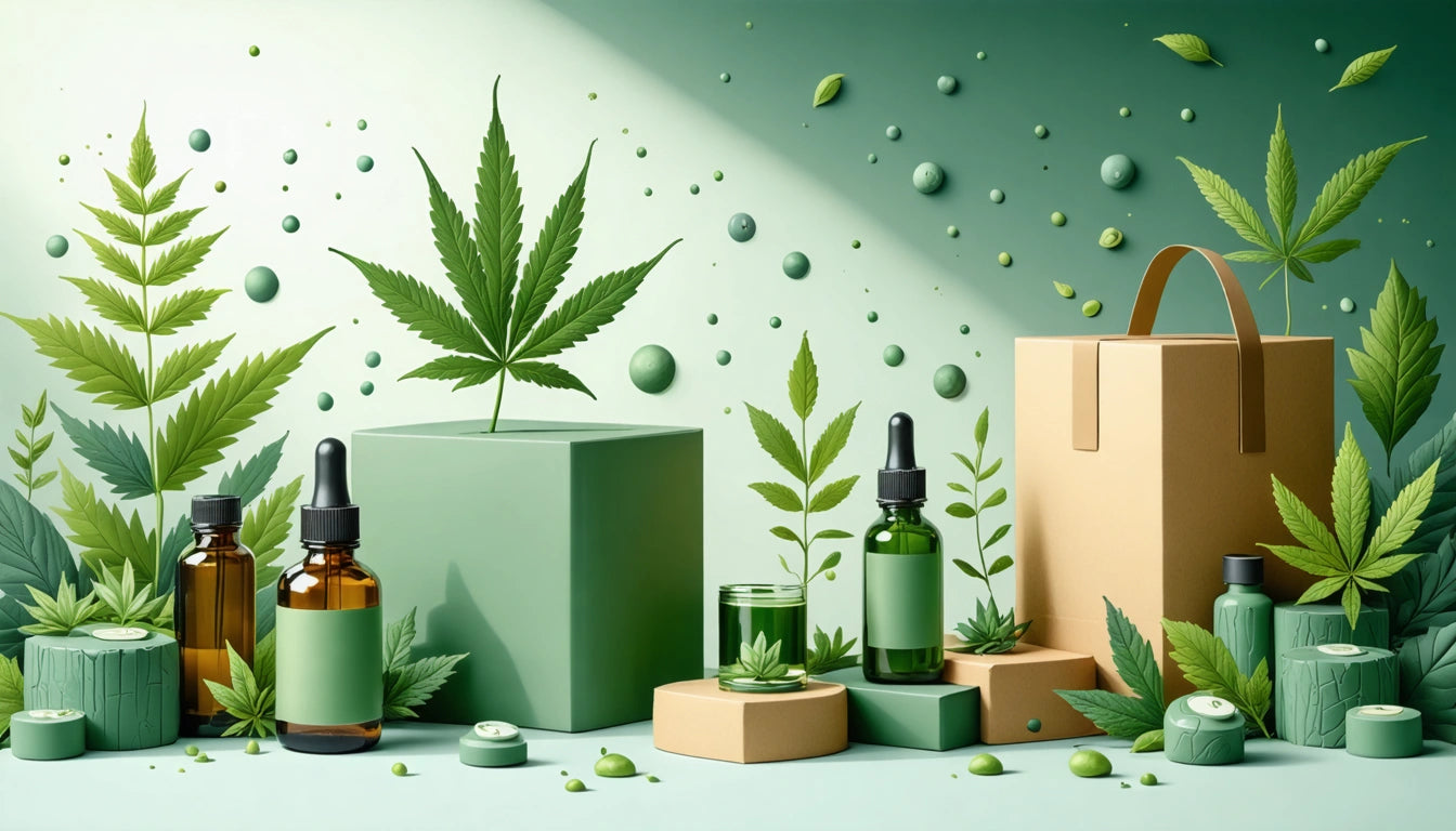 Brown and green bottles with droppers, green leaves, cardboard box, and green cubes on a light green background with scattered dots