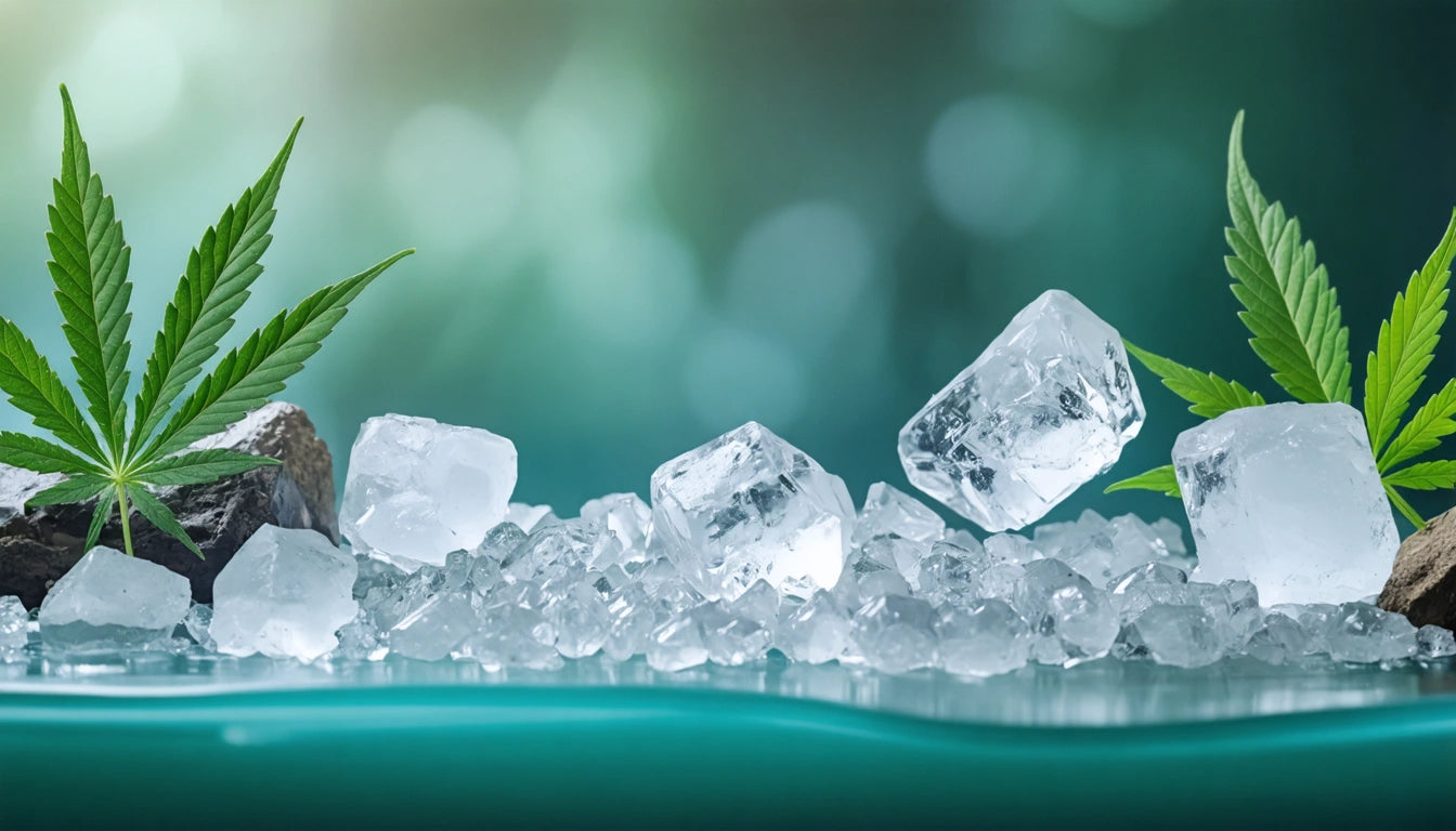 Ice cubes scattered on a surface with cannabis leaves on either side, blurred green background