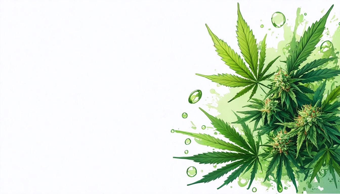 Green leaves with serrated edges and small buds on right, surrounded by green splashes and bubbles on a white background