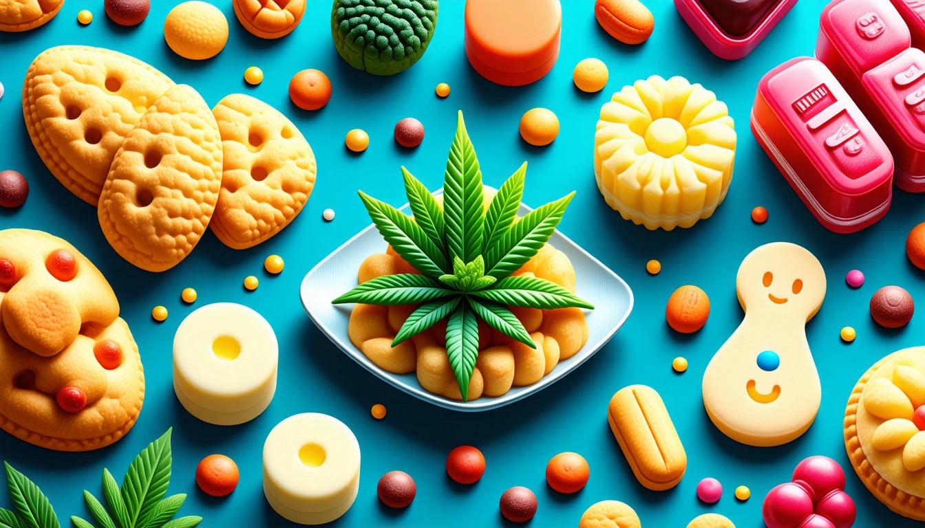 Assorted colorful cookies and candies on a blue background, with a leaf-shaped decoration in the center