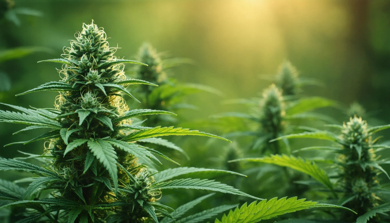 Green plants with pointed leaves and dense clusters, sunlight softly illuminating the background