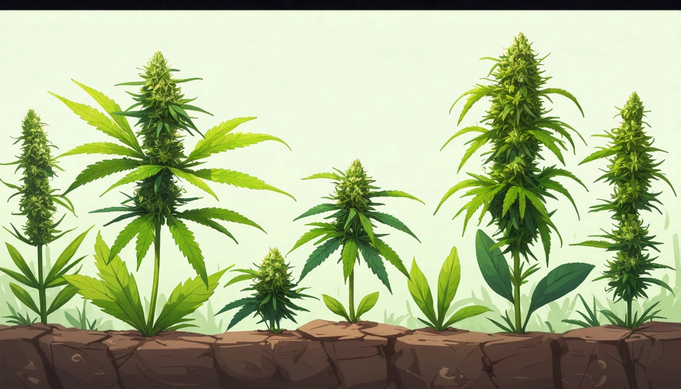 Tall green plants with spiky leaves and buds growing from soil against a light background