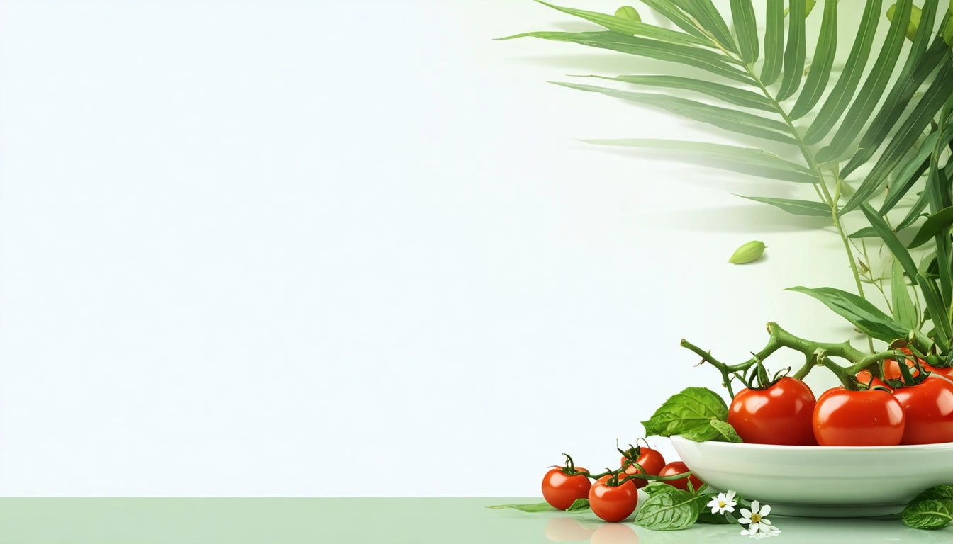 Bowl of red tomatoes and green leaves on a glass surface, with palm leaves in the background on the right