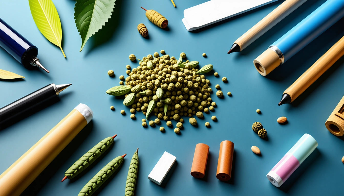 Scattered green seeds, leaves, pencils, pens, and erasers on a blue surface