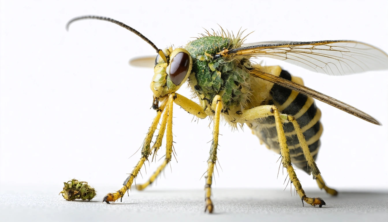 Close-up of a yellow and black striped insect with large eyes, long antennae, and translucent wings on a white surface