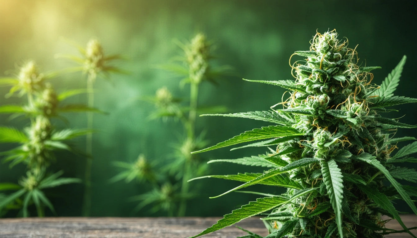 Dense green plant with spiky leaves and buds in foreground, blurred similar plants in background, warm light from top left
