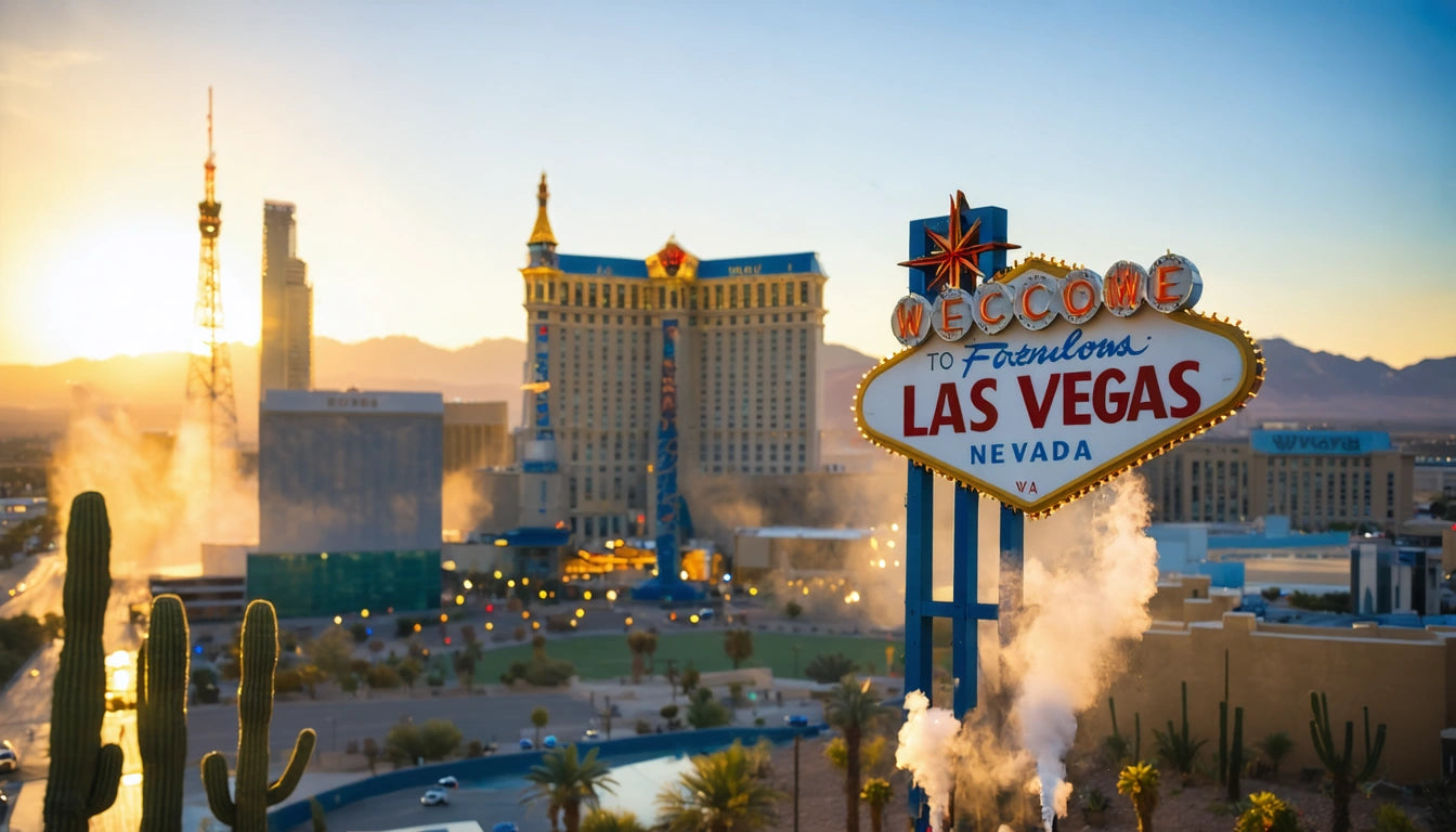 Las Vegas sign with palm trees and buildings in background, mountains in distance, warm sunset lighting
