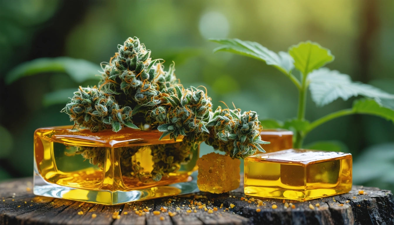 Glass containers with golden liquid, topped with dense green buds, on a wooden surface with blurred greenery in the background
