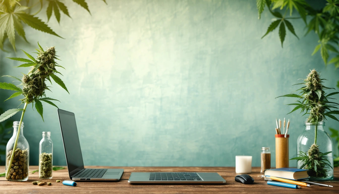 Two laptops on a wooden table, surrounded by potted plants, a candle, and stationery, against a textured green wall