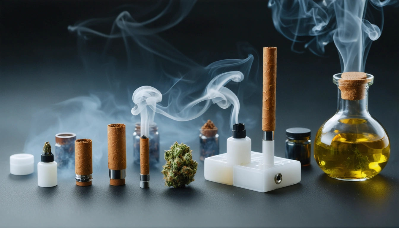 Various smoking devices and accessories with smoke trails, a cannabis bud, and small jars on a dark surface