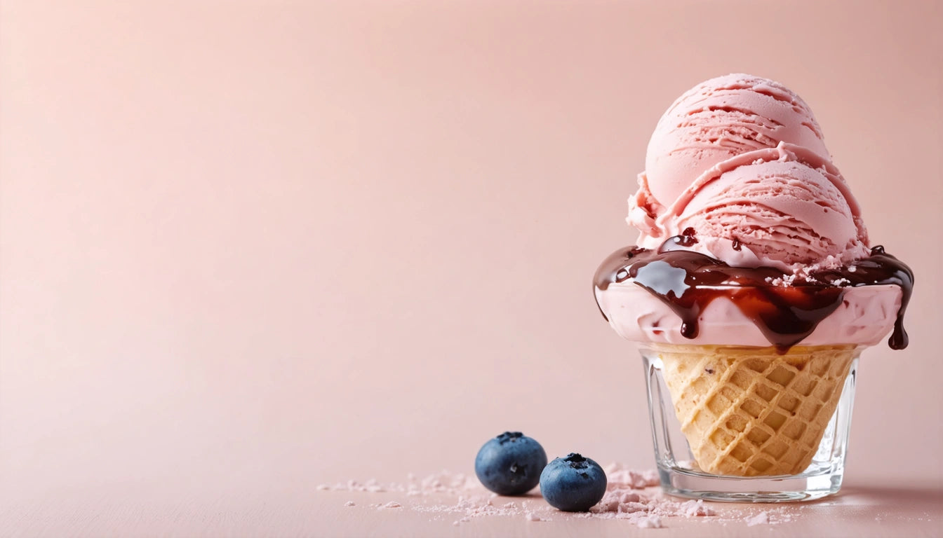 Waffle cone with two scoops of pink ice cream, chocolate syrup drips, two blueberries on pink surface