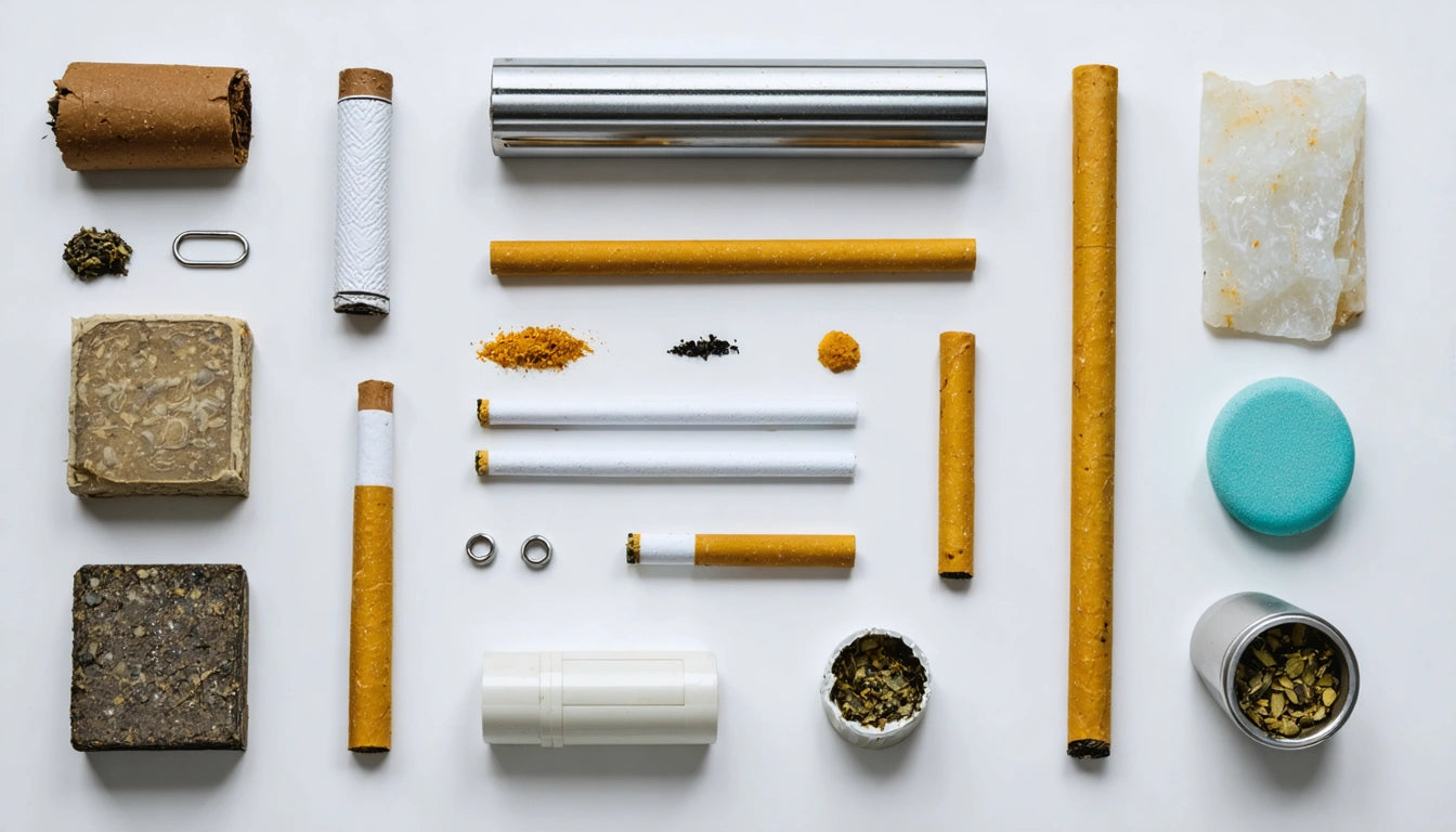 Various cylindrical and rectangular objects, including tubes, spices, and containers, arranged neatly on a white surface