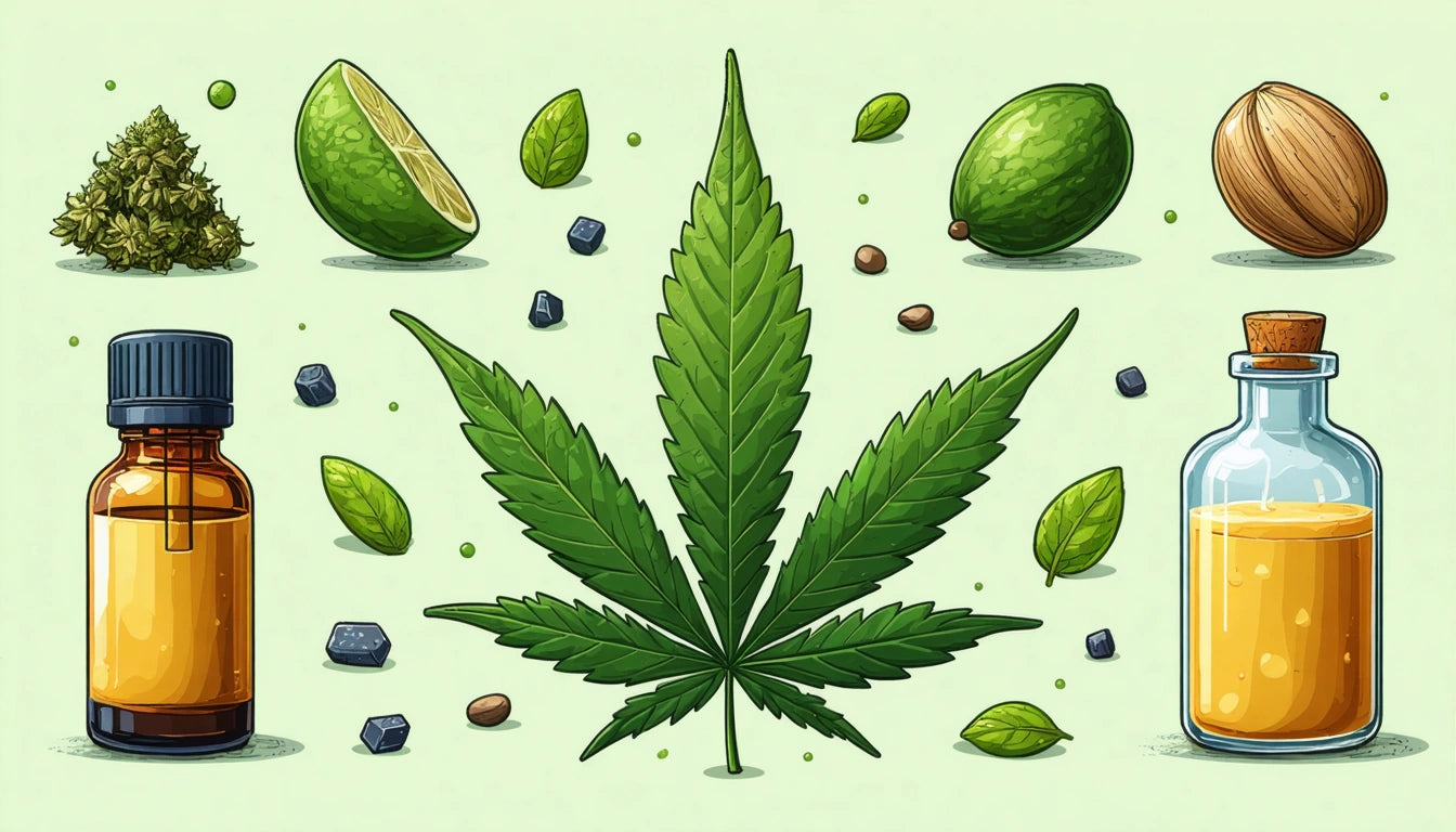 Large green leaf centered, surrounded by lime halves, nuts, small bottles, and scattered green and black objects on light background