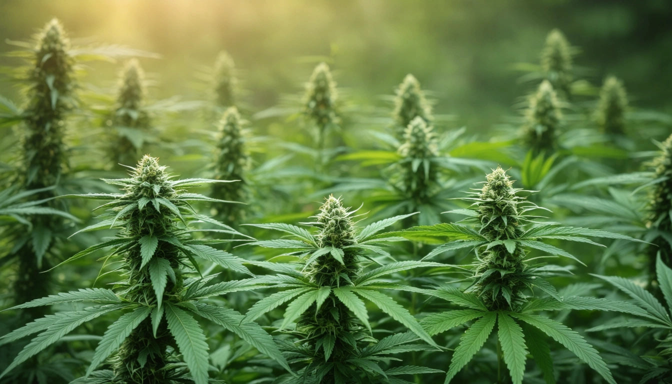 Tall green plants with pointed leaves and dense buds in a sunlit field