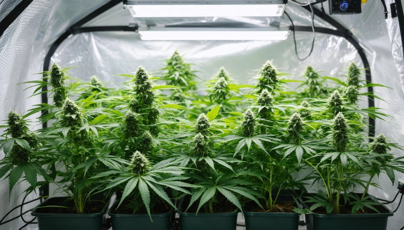 Rows of green plants with dense foliage under bright fluorescent lights in a reflective indoor tent