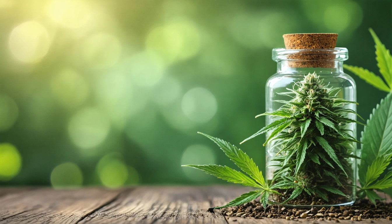 Glass jar with green plant inside, cork lid, on wooden surface; blurred green background with circular light spots