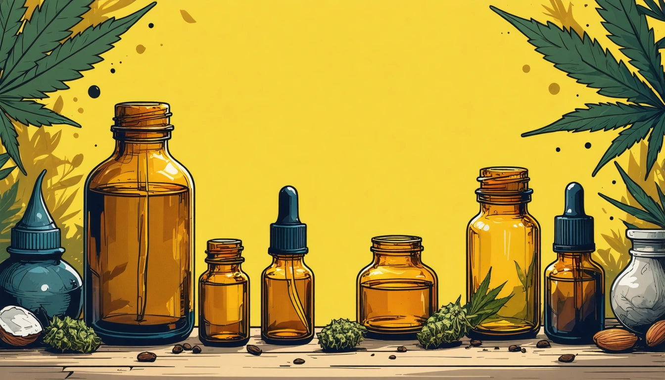 Various amber glass bottles on wooden surface, surrounded by green leaves and small rocks, against a yellow background