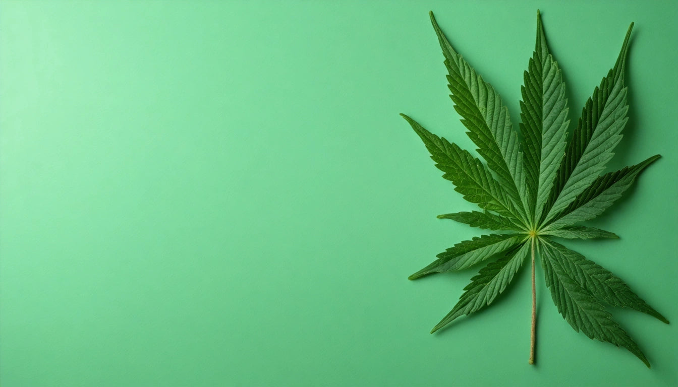 Green leaf with serrated edges on a light green background, positioned on the right side