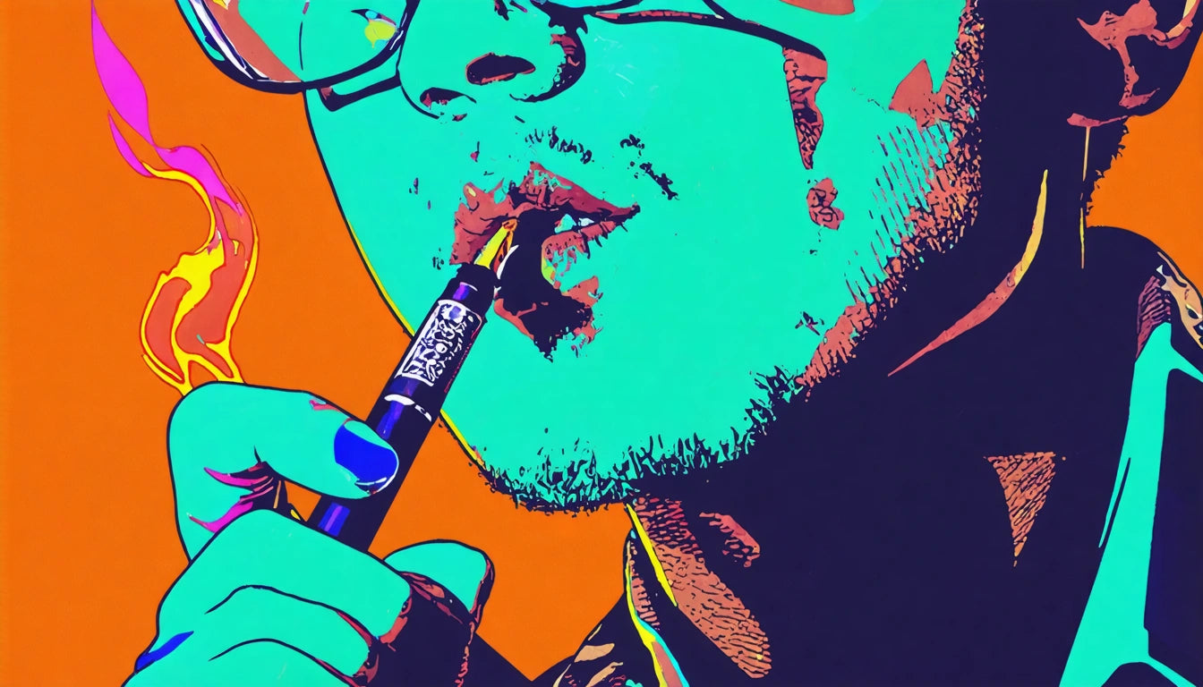 Man with glasses holding a vape pen near lips, colorful pop art style with teal skin and orange background