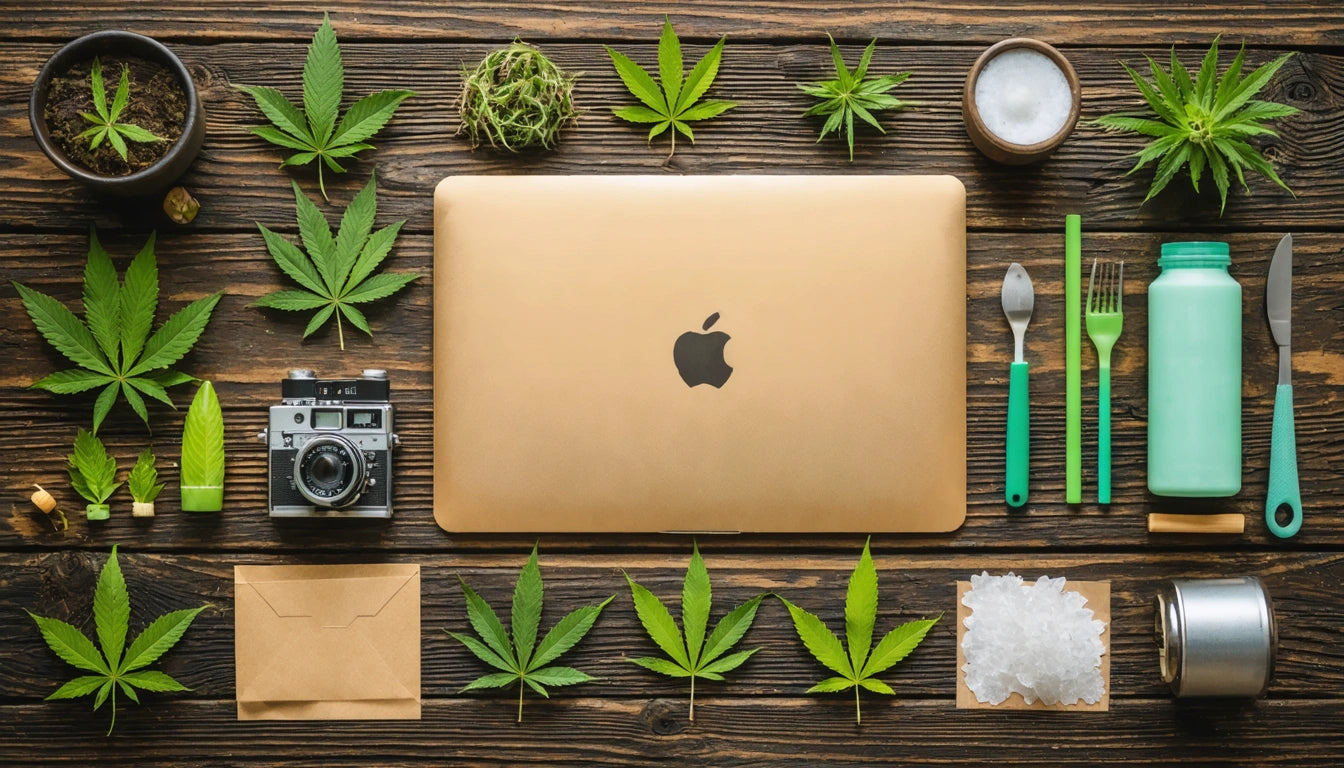 Gold laptop surrounded by green leaves, camera, envelope, utensils, and a bottle on a wooden surface