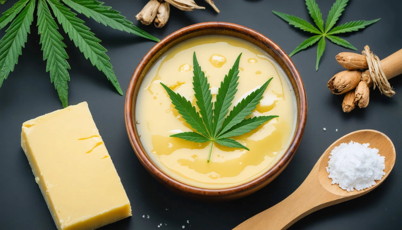 Bowl of yellow butter with green leaves, wooden spoon with white powder, block of butter, and scattered seeds on dark surface