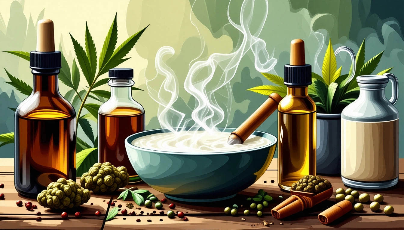 Steaming bowl with cinnamon stick, surrounded by amber bottles, green leaves, and assorted spices on wooden surface