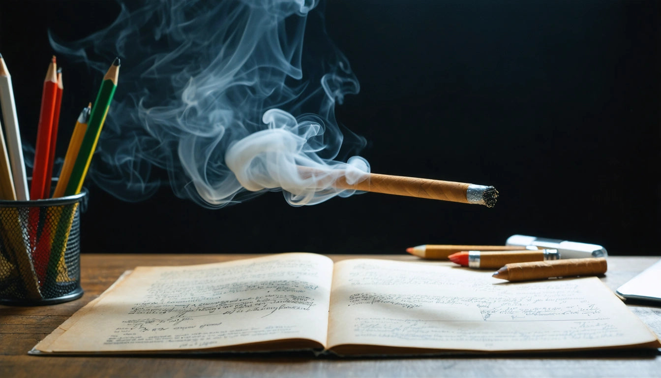 Open book on wooden table, smoking cigar in ashtray, colored pencils in holder, dark background