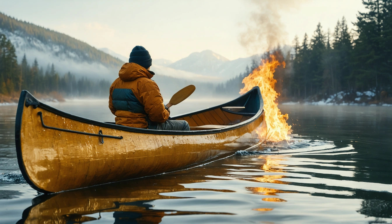 Person in orange jacket paddling a canoe on a misty lake, with flames on the side of the canoe, surrounded by mountains and trees