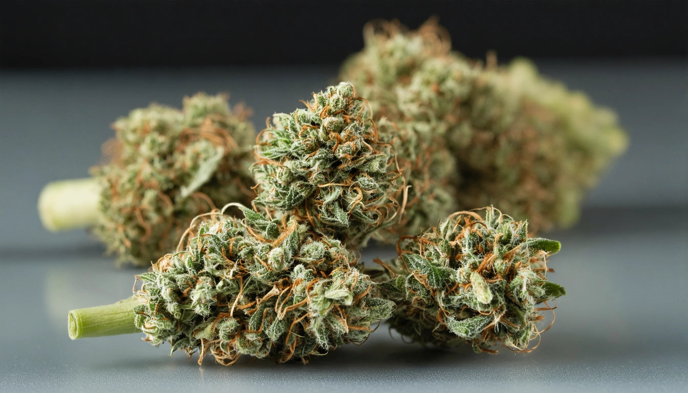 Green and orange buds with textured surfaces on a reflective gray surface