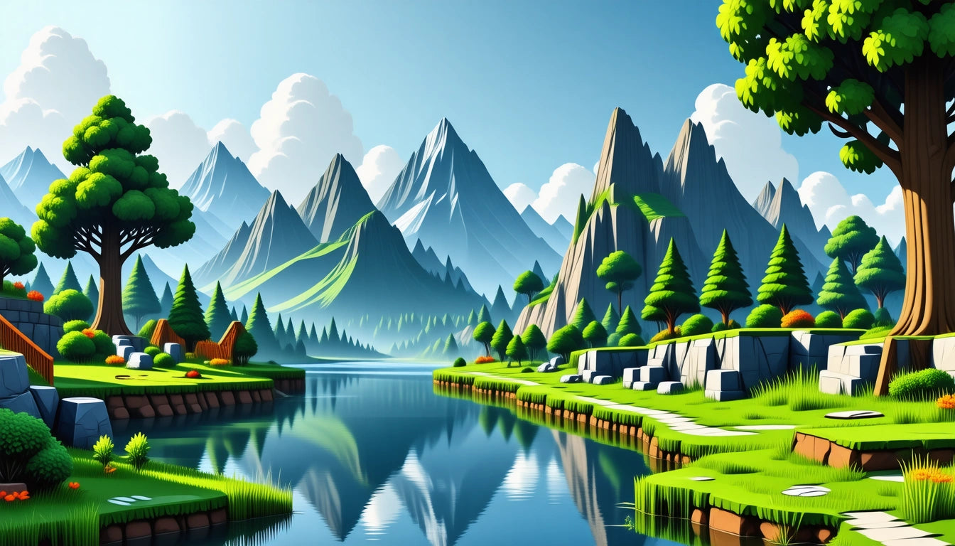 Snow-capped mountains, lush green trees, and a calm lake reflecting the landscape under a clear blue sky with fluffy clouds