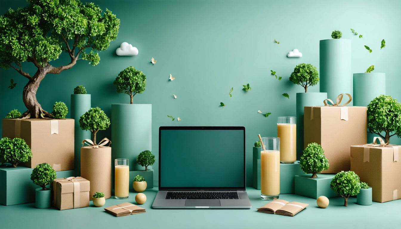 Laptop on teal surface surrounded by small trees, gift boxes, juice glasses, and open notebooks against a teal background