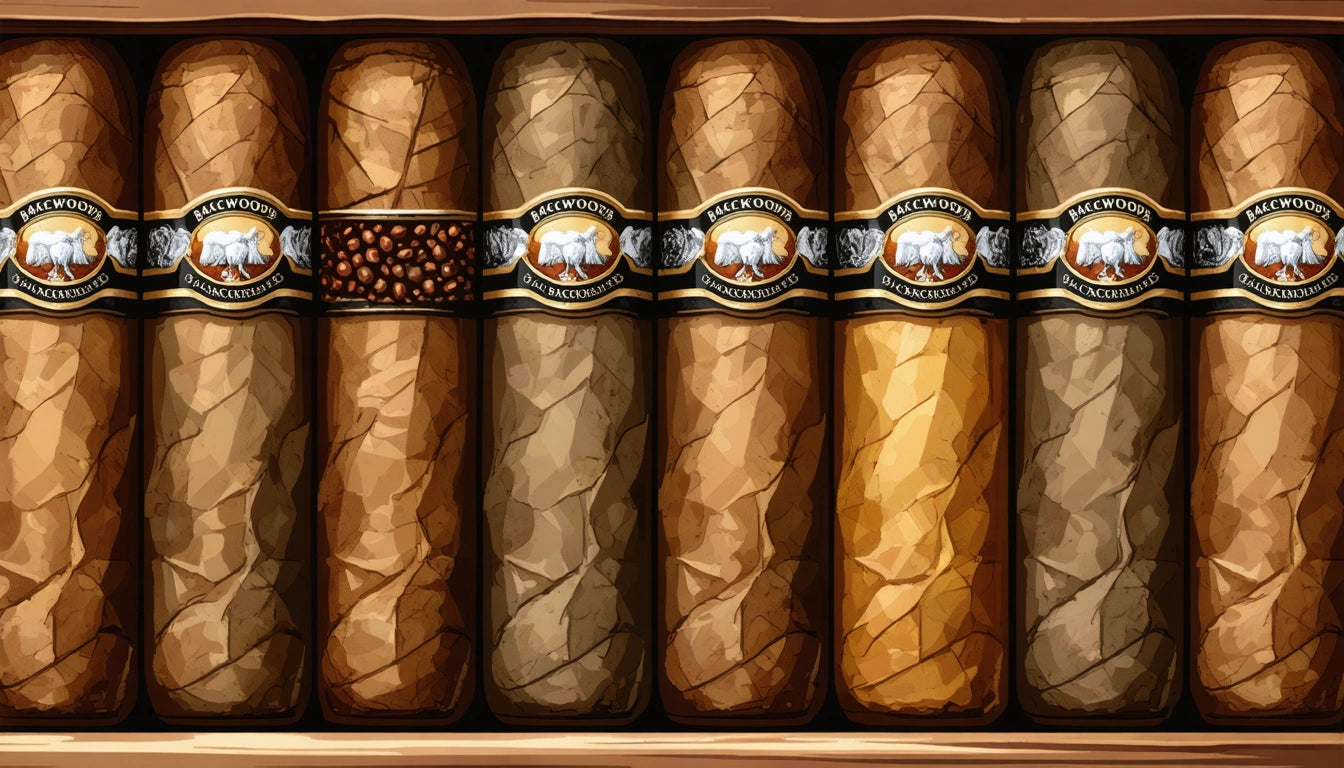 Eight cigars in a wooden box, each with a detailed band featuring an elephant logo, varying shades of brown and tan