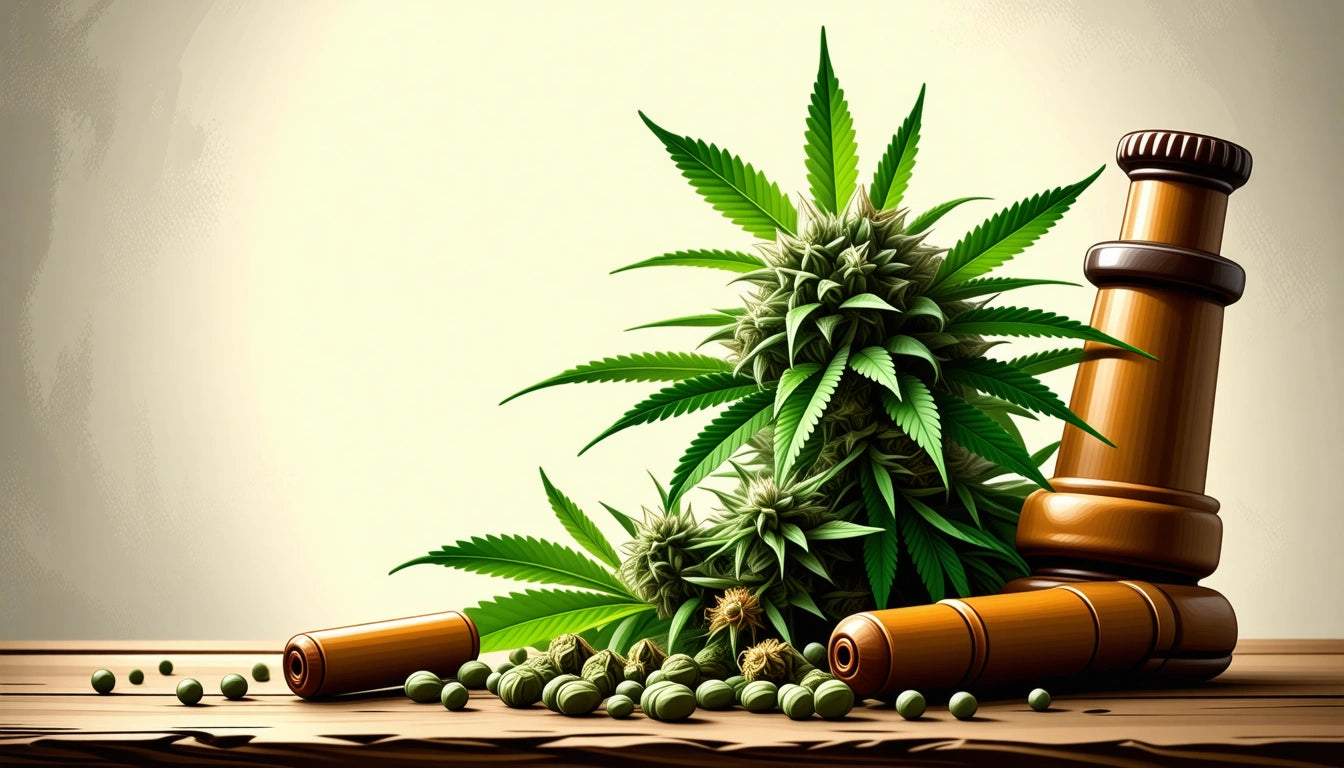 Wooden gavel and cannabis plant with leaves and buds on a wooden surface, scattered seeds in foreground, light background
