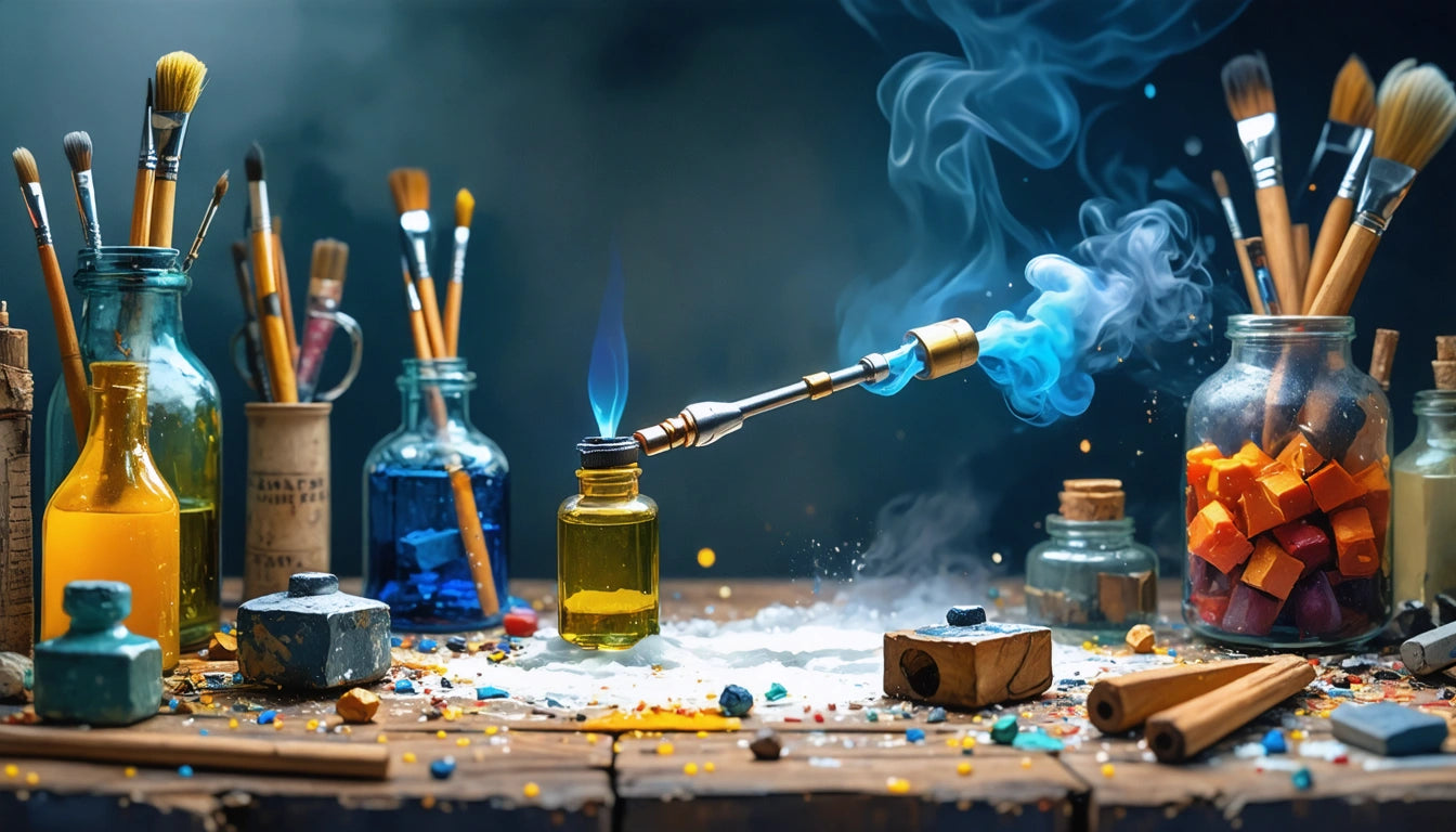 Glass bottles with colored liquids, paintbrushes, and a smoking torch on a wooden table scattered with paint chips