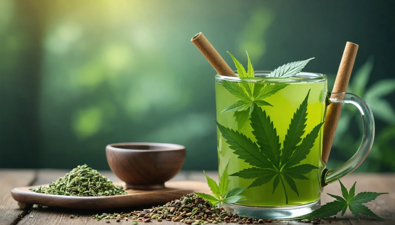 Glass mug with green liquid, garnished with large green leaves and cinnamon stick; wooden bowl and herbs on table