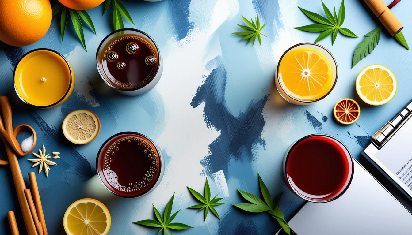 Colorful drinks and citrus slices on a blue and white abstract background, surrounded by green leaves and a clipboard