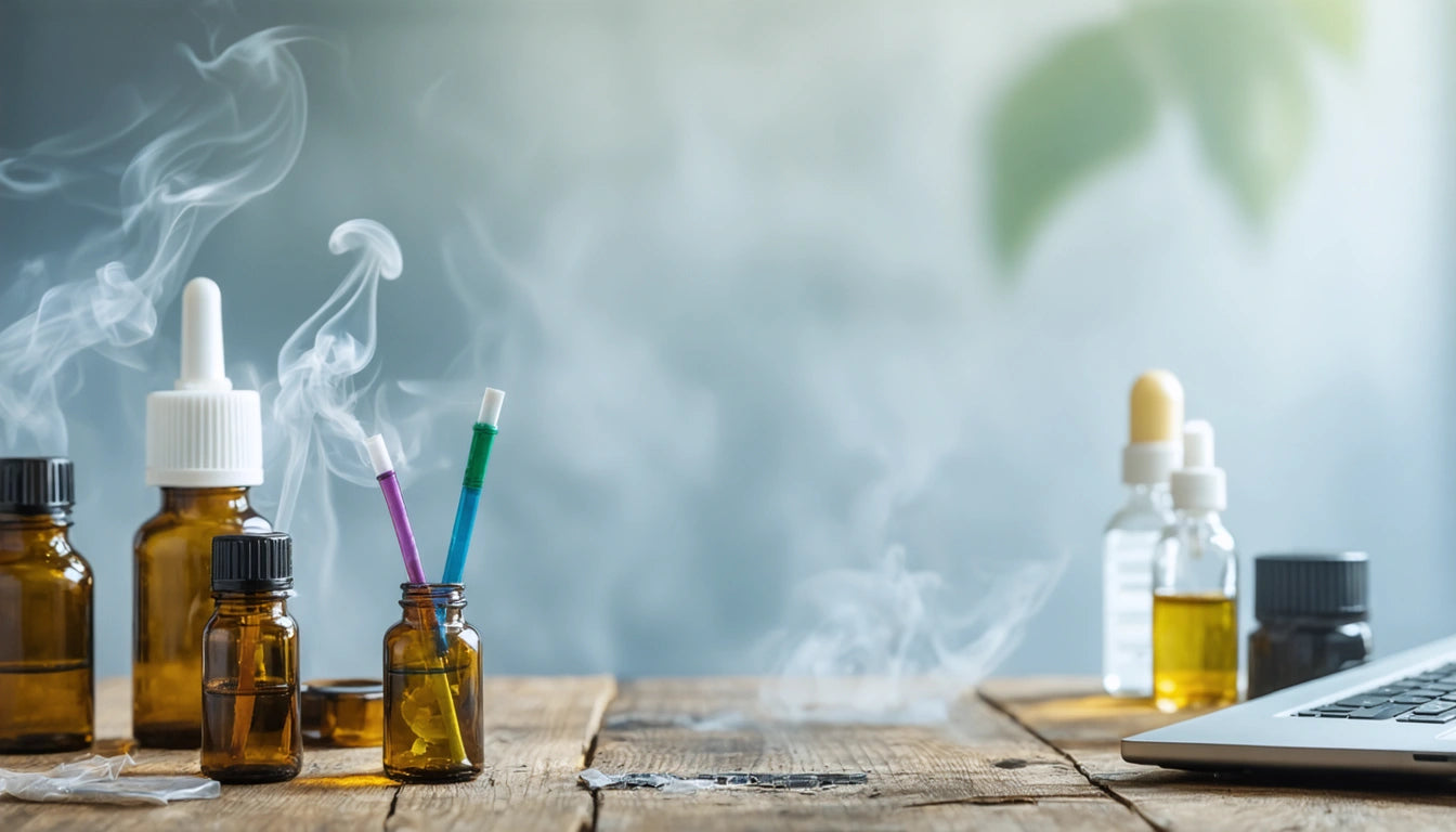 Brown glass bottles with droppers, colorful sticks emitting smoke, and a laptop on a wooden table
