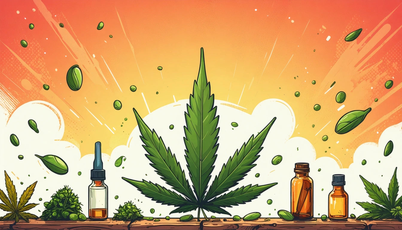 Large green leaf with jagged edges centered, surrounded by small green seeds, two bottles on either side, orange gradient background