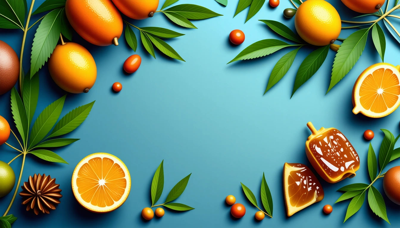 Oranges, orange slices, and green leaves border a blue background with scattered small orange berries