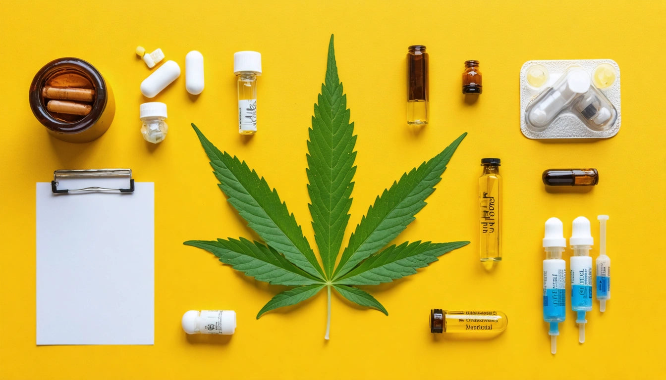 Green leaf centered on yellow background, surrounded by various medicine bottles, pills, syringes, and a blank clipboard