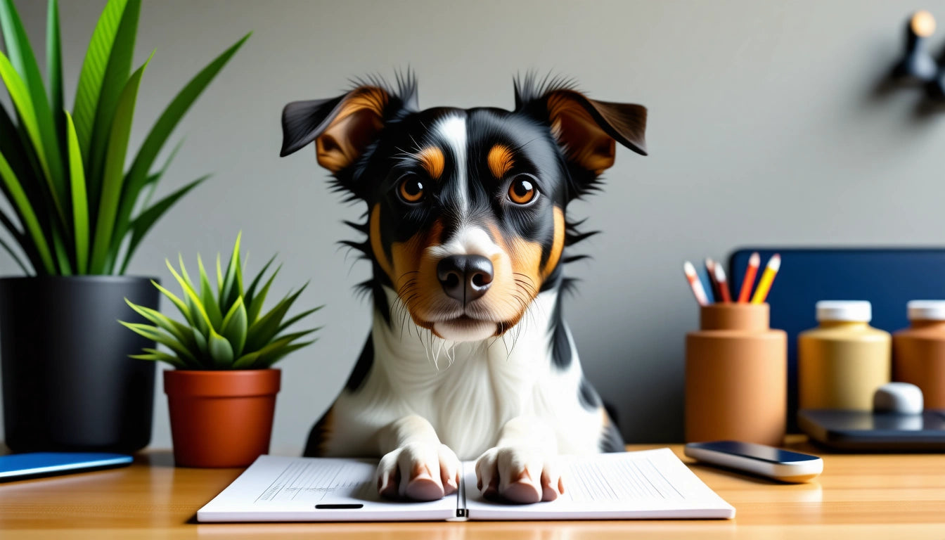 Tri-color dog with paws on open book, surrounded by potted plants, pens, and jars on a wooden desk