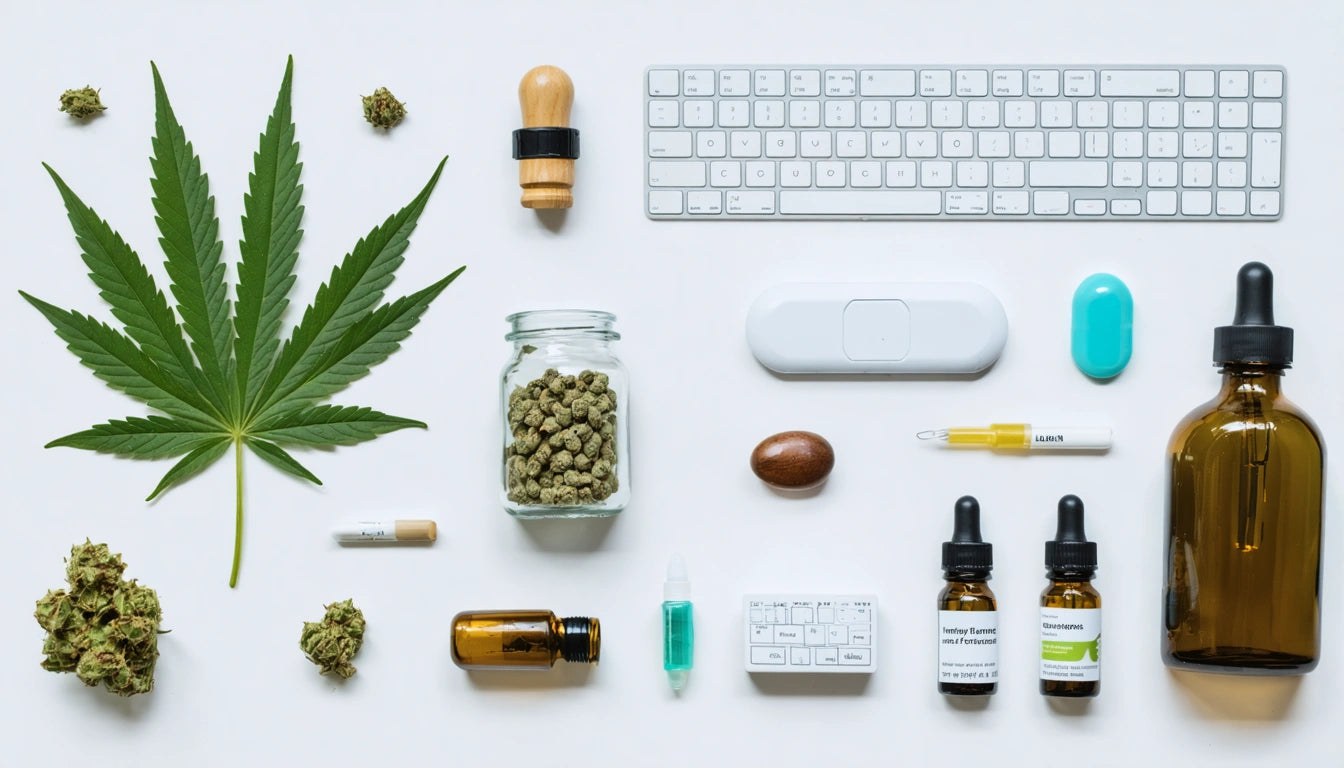 Keyboard, cannabis leaf, jars with buds, dropper bottles, vape pen, and various small containers on white background