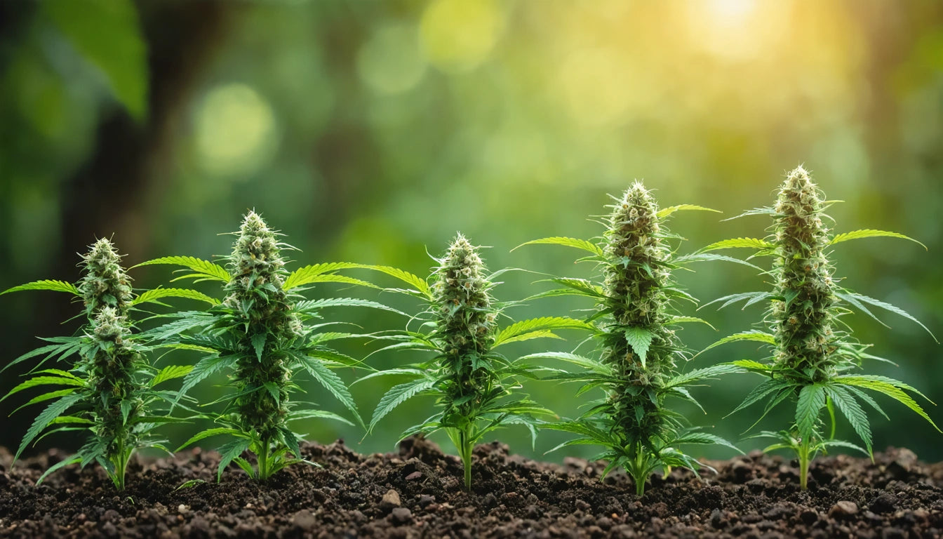 Four green plants with pointed leaves and dense clusters, growing in soil, with a blurred green and yellow background
