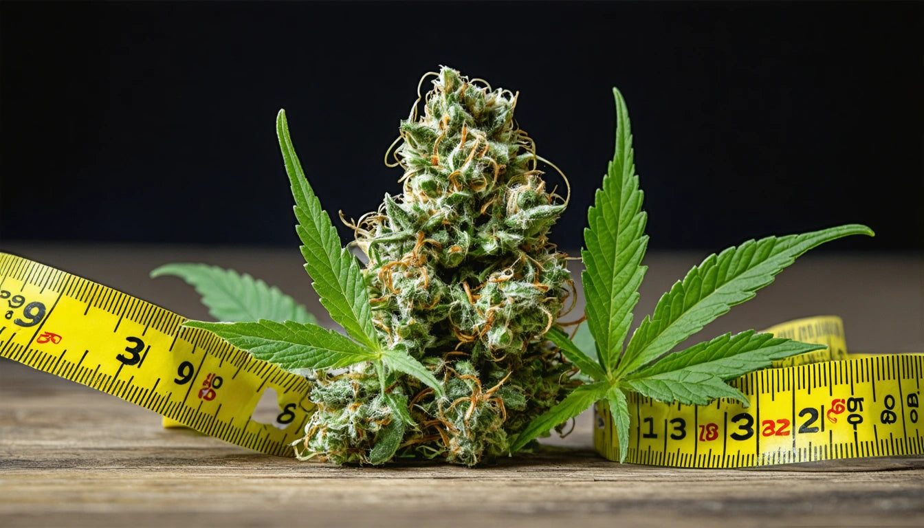 Dense green plant with orange hairs, surrounded by yellow measuring tape, two green leaves on wooden surface, dark background