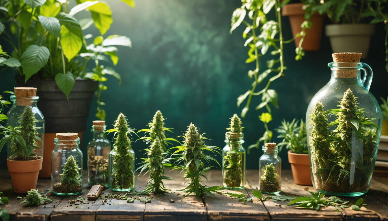 Sunlit wooden table with various glass jars containing green plants, surrounded by potted plants and lush foliage
